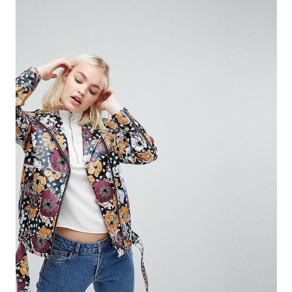 Monki Faux Leather Floral Biker Jacket NWT Size S